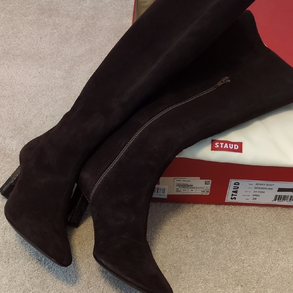 STAUD Dark Brown Suede Heeled Boots - Picture 2 of 7